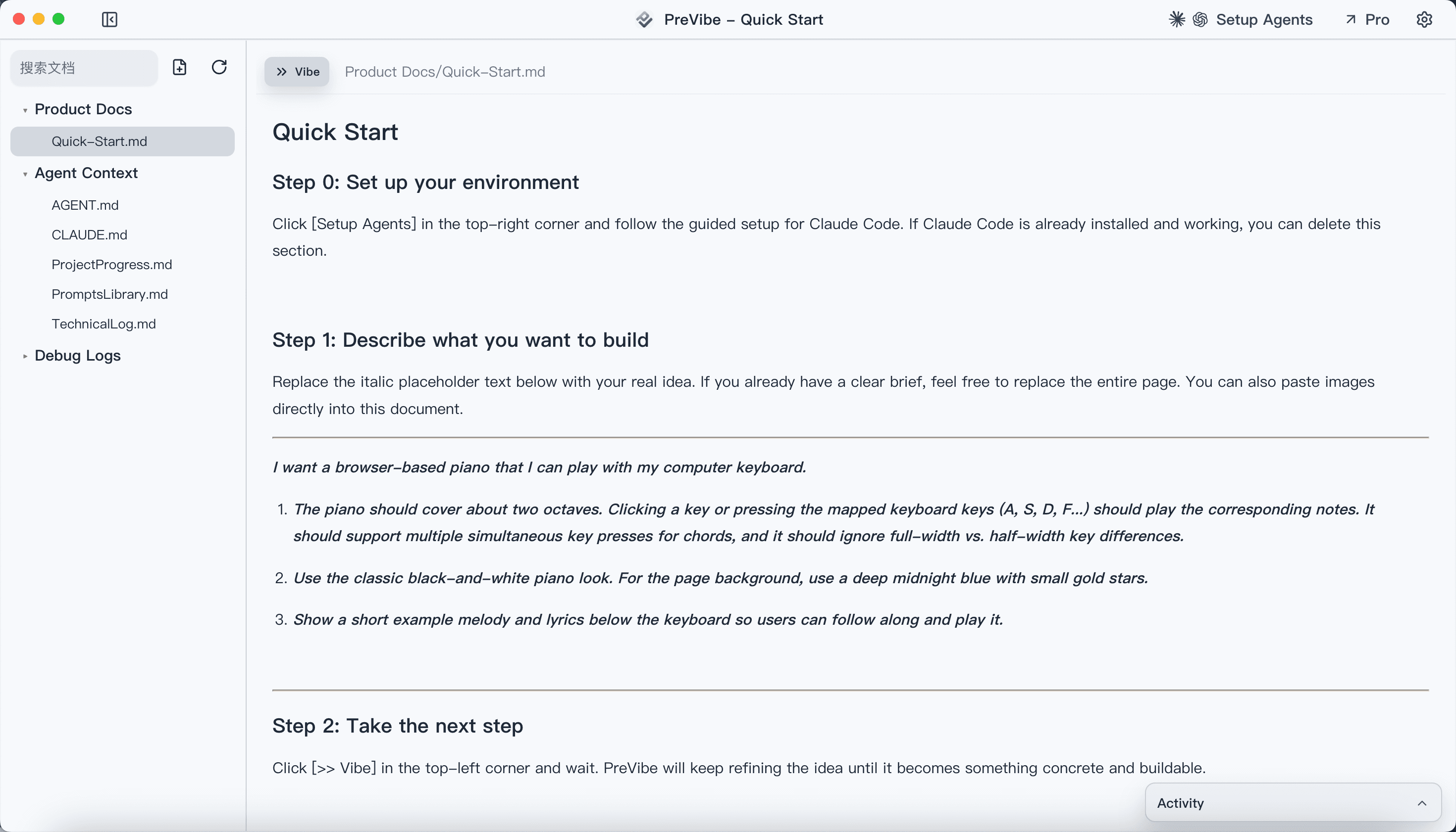 PreVibe desktop studio showing Vibe button, document canvas, and review queue for vibe coding